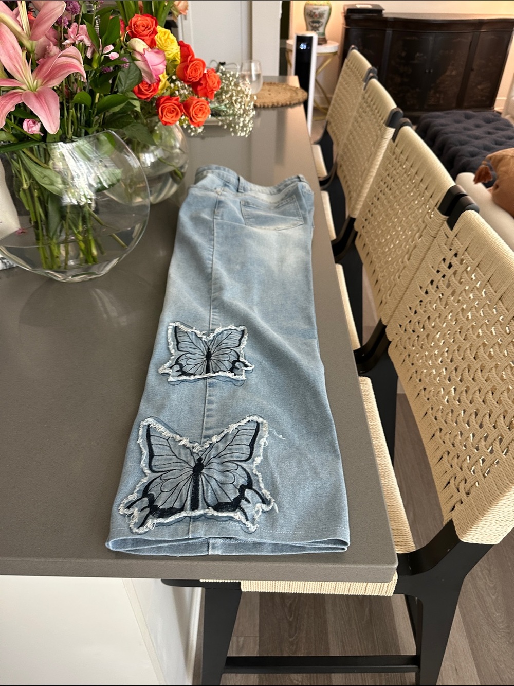 Light Blue Women's Butterfly Embroidered Jeans